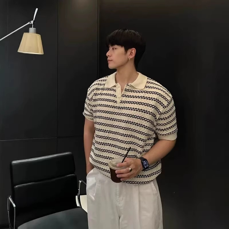 Old Money Style Striped Short-Sleeve Knit Polo Shirt for Men, New Summer Design, Lightweight and Breathable with a Turn-Down Collar Old Money Style Striped Short-Sleeve Knit Polo Shirt for Men, New Summer Design, Lightweight and Breathable with a Turn-Down Collar