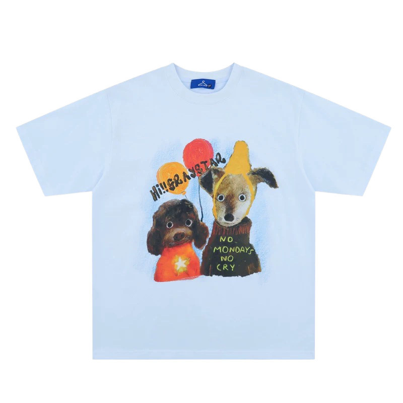 2025 新アーティスト子犬プリント夏の新ピュアコットンルーズオフショルダー半袖トップカップル Tシャツ|undefined
