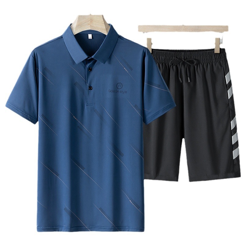 Verano papá traje casual hombre de mediana edad hielo solapa polo camisa hombre mangas cortas pantalones cortos secos rápidos hombre dos piezas set