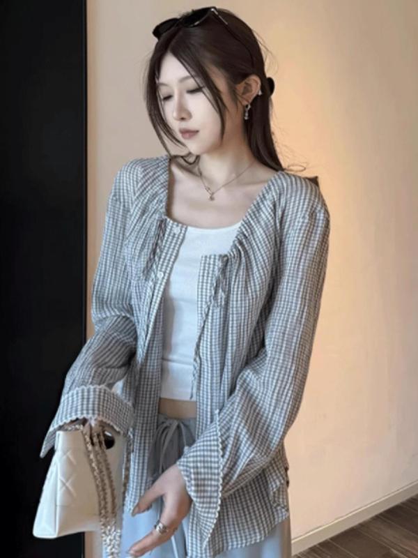 覆古格子衬衫外套女2025春秋设计款领口抽绳袖口蕾丝防晒格纹开衫|undefined