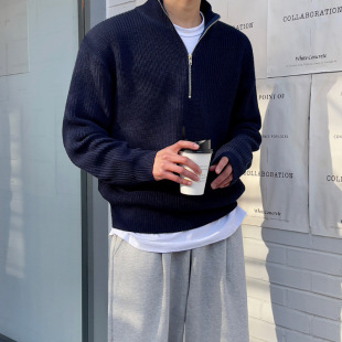 MYQ Half-turtleneck Zipper Sweater Men's Winter Korean Style Loose Lazy Style Casual Solid Color Sweater Jacket