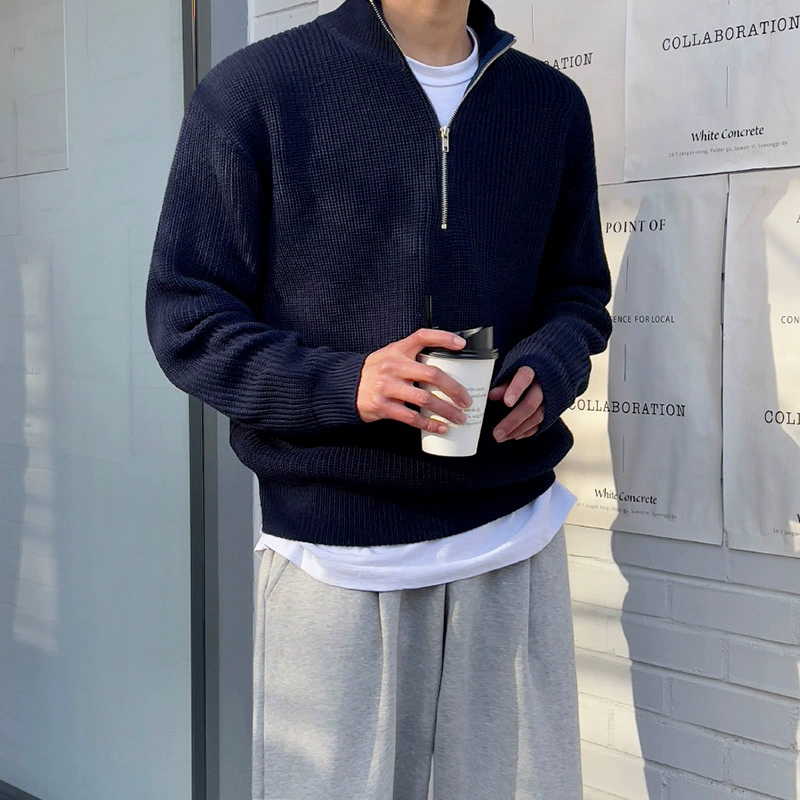 Мужская зимняя свободная водолазка на молнии MYQ, повседневная однотонная куртка-свитер свободного кроя в Корейском стиле