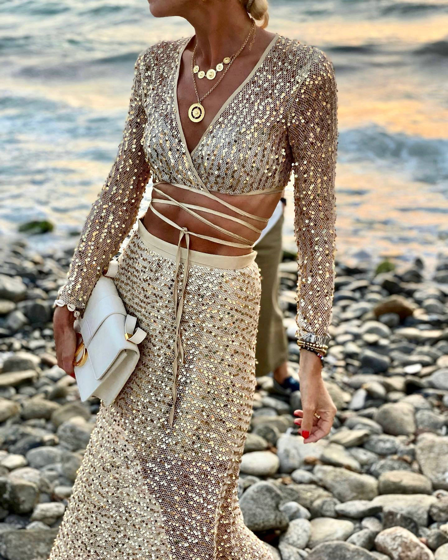 mesh sequins long sleeve V-neck top long skirt two-piece set NSJRM135680