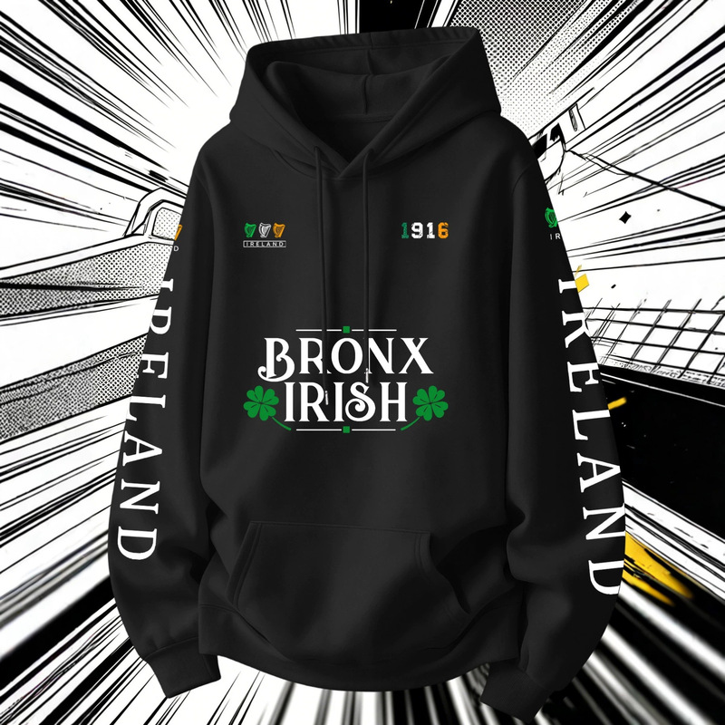 Clover and harp emblazoned on a deep brown hooded sweatshirt, full of Irish spirit, vintage street style with a built-in sense of story Clover and harp emblazoned on a deep brown hooded sweatshirt, full of Irish spirit, vintage street style with a built-in sense of story