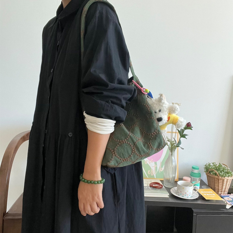 Japanese-Style Small Hobo Ajima Akira Style Brown and Green Circle Cotton and Linen Heavy Embroidery Shoulder Bag Handbag Mini Underarm Bag