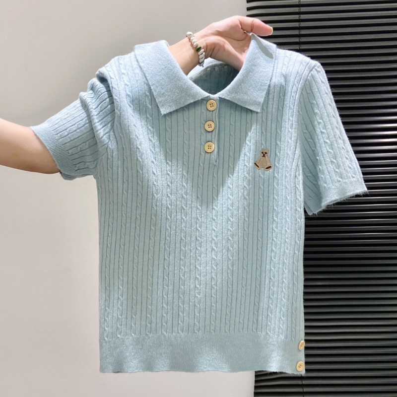 Blue Lapel Short-Sleeved Knit Shirt for Women 2026 Summer Fashionable and Versatile Slimming Look Short-Sleeved T-Shirt for Women 11210