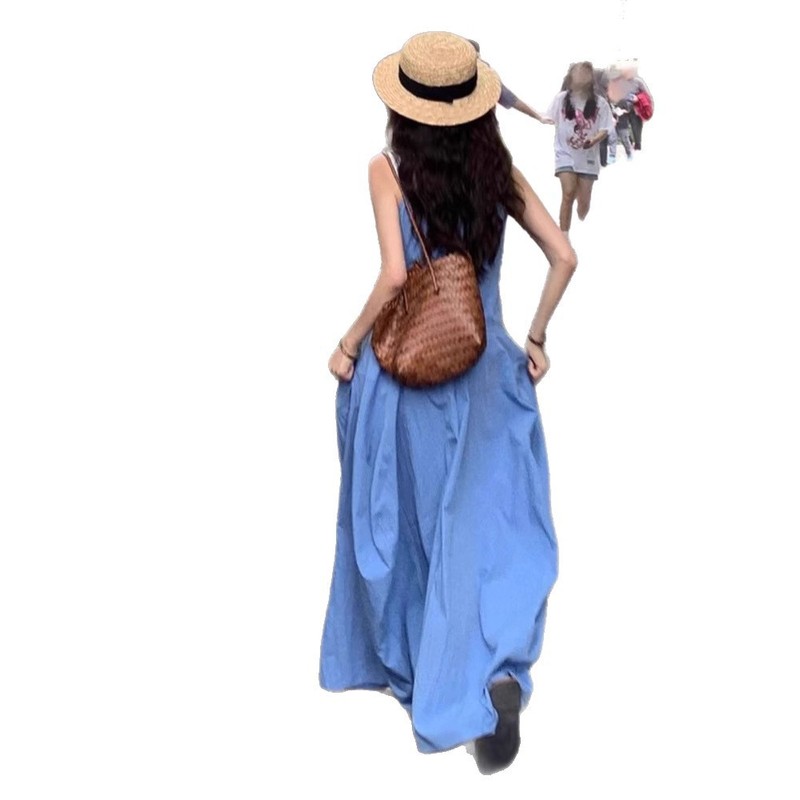 海辺の休暇ブルーノースリーブベストドレス女性の夏の 2025 新しいスタイルの小さなフレンチスタイルのロングスカート|undefined
