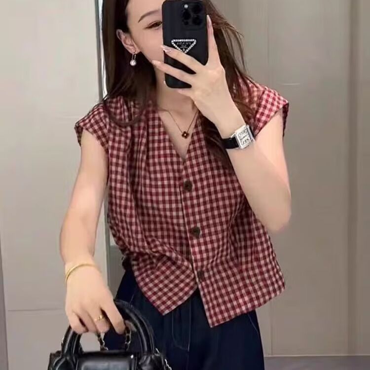 Short Retro Hong Kong Style Sleeveless Plaid Shirt Top for Women Summer New Small Vest Vest Slimming Shirt