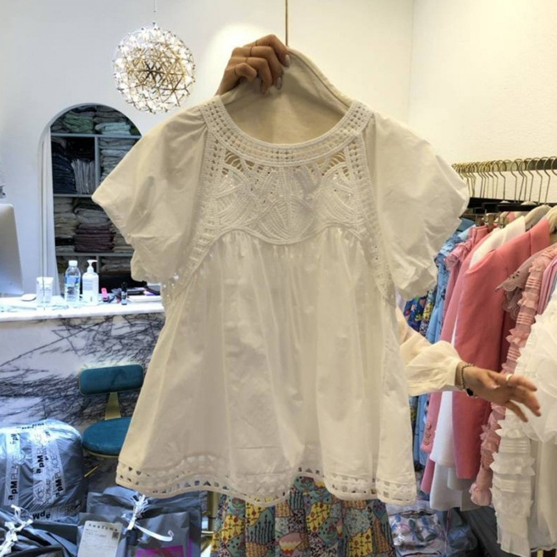 韓国の東大門夏服新しいルーズパフスリーブ半袖シャツラウンドネックかぎ針編み中空トップ女性用|undefined