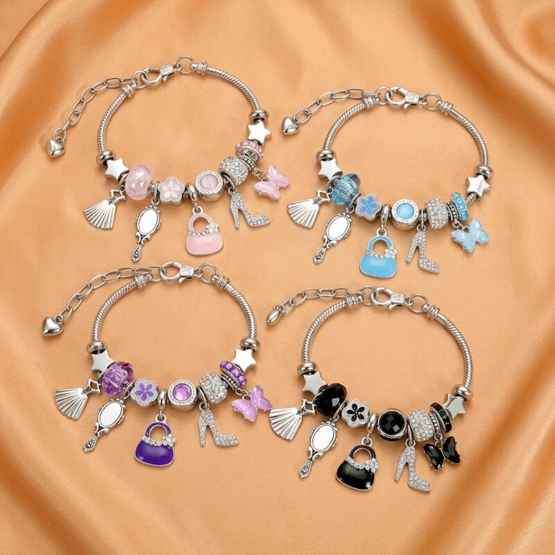Sweet Style DIY Beaded Bracelet with High-Heeled Shoes, Bags, Mirrors, Butterfly Pendants, Versatile and Adjustable Bracelet for Girls