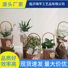 外贸跨境手提花篮铁艺造型复古田园风手工编织鲜花绿植野餐收纳篮