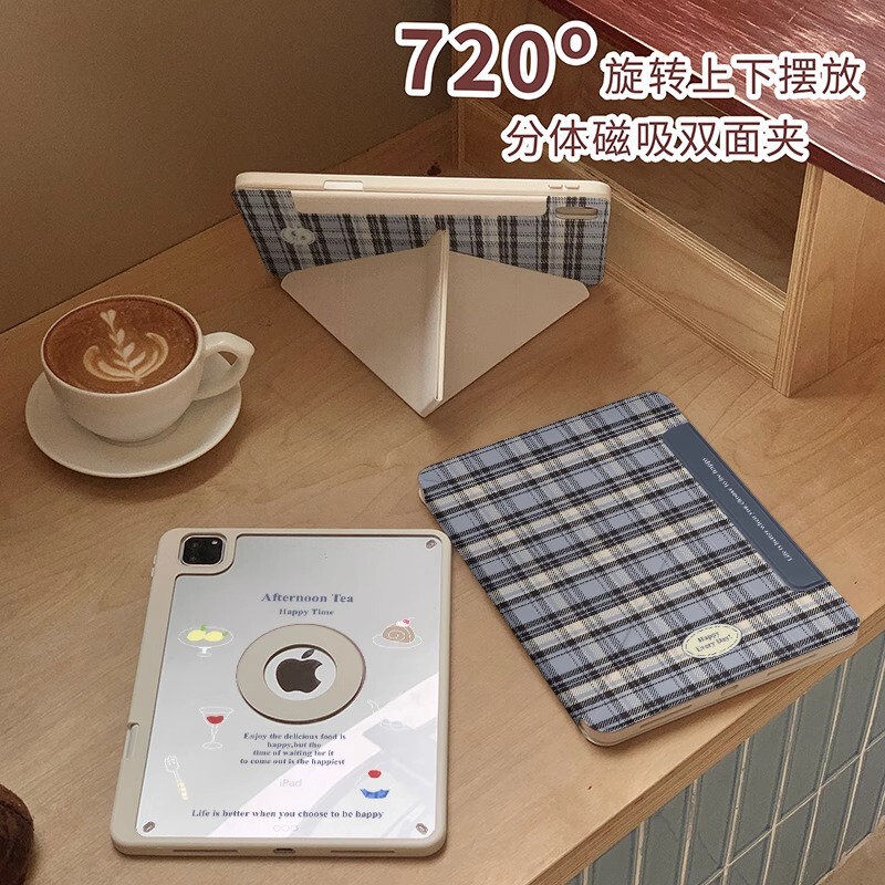 Japanese and Korean Plaid Small Dessert Suitable for iPad Tablet Protective Cover Apple Pro Magnetic Separation Mini Hard Air with Pen