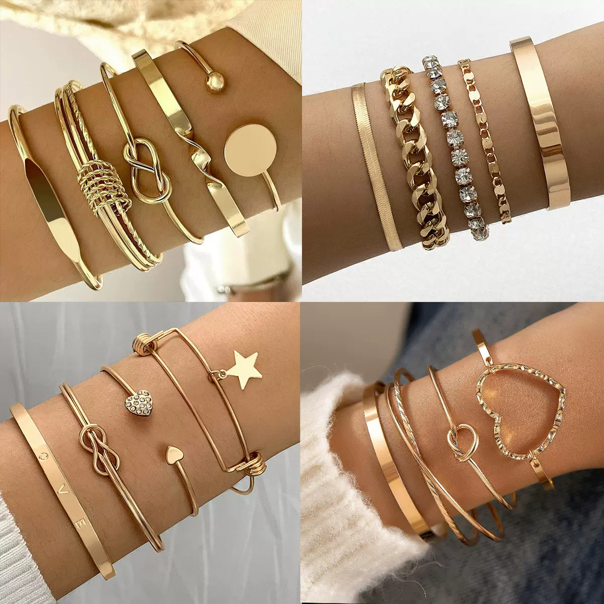 欧美跨境饰品个性简约链条手链复古时尚光面几何开口手镯手饰套装