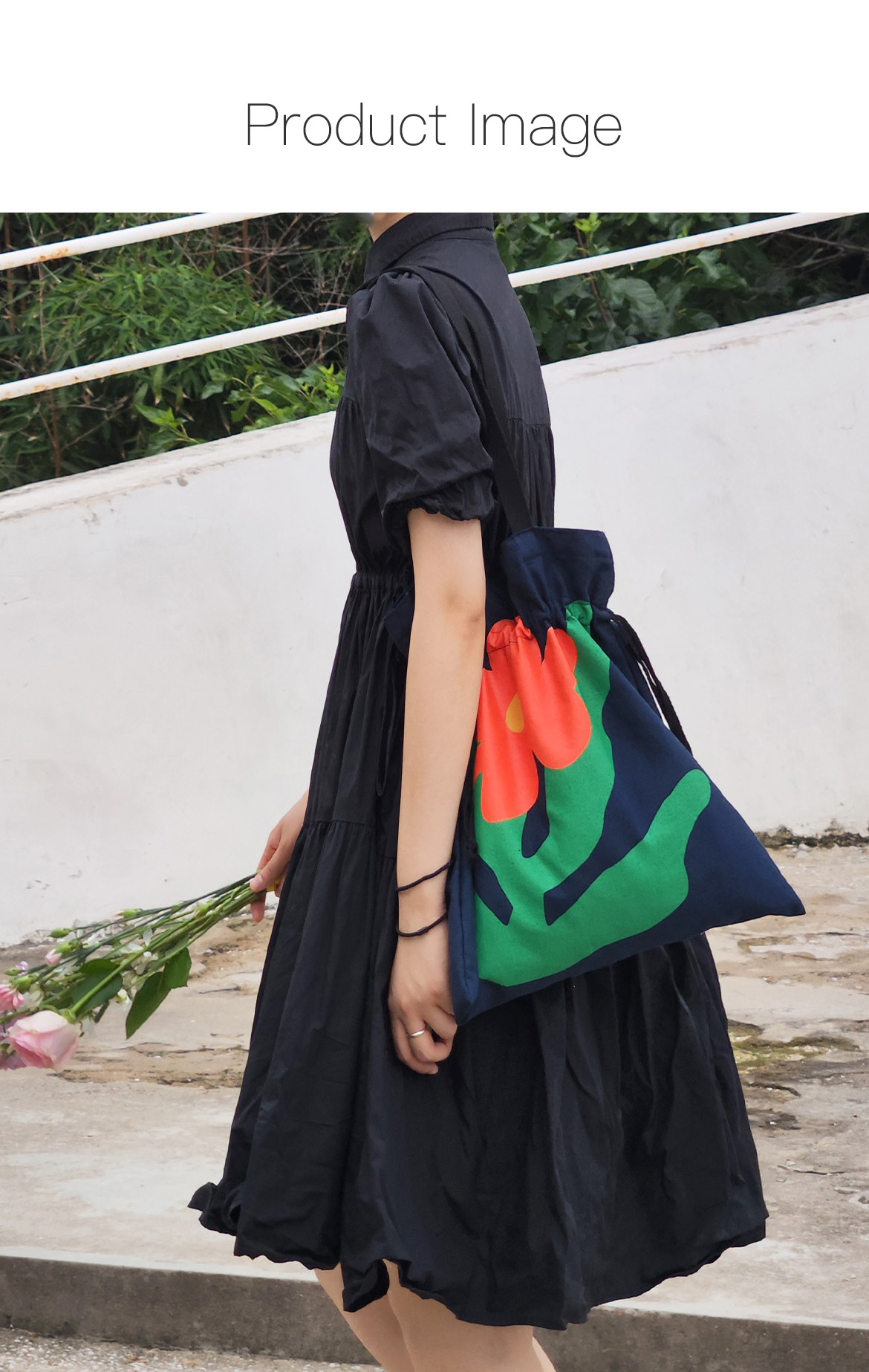 Advanced navy blue canvas creative rose bag, women's drawstring single shoulder tote bag_voghion.com