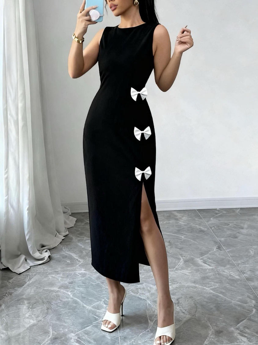 Elegant Knit Maxi Dress With High Slit – Stretchy Bodycon Long Dress For Women (Black, S-XL)_ecoleips.com