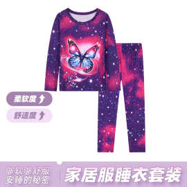 女童欧美爆款2件套蝴蝶印花图塞圆领长袖长裤家居服睡衣套装