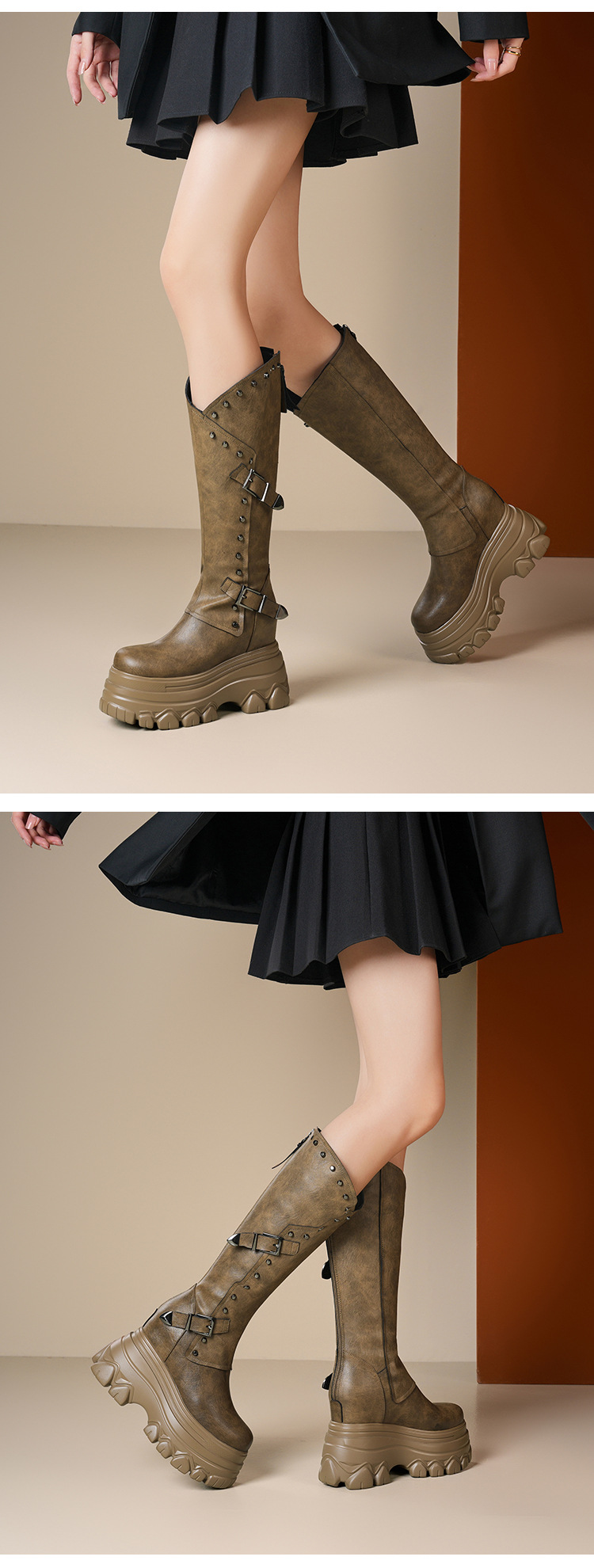 Boot nữ cổ cao ôm bắp chân đế xuồng tăng chiều cao 12 cm — Lót nhung đen chi tiết 5