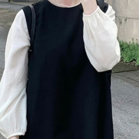 甜美减龄套装女初秋温柔系巨显瘦遮肉黑色马甲搭配长袖白色连衣裙|undefined