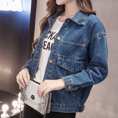 大码春秋新款胖牛仔外套女中长款斤胖妹妹韩版宽松夹克风衣