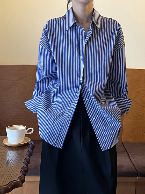 法式复古蓝色条纹衬衫女设计感小众法式上衣慵懒风宽松长袖衬衣外|undefined