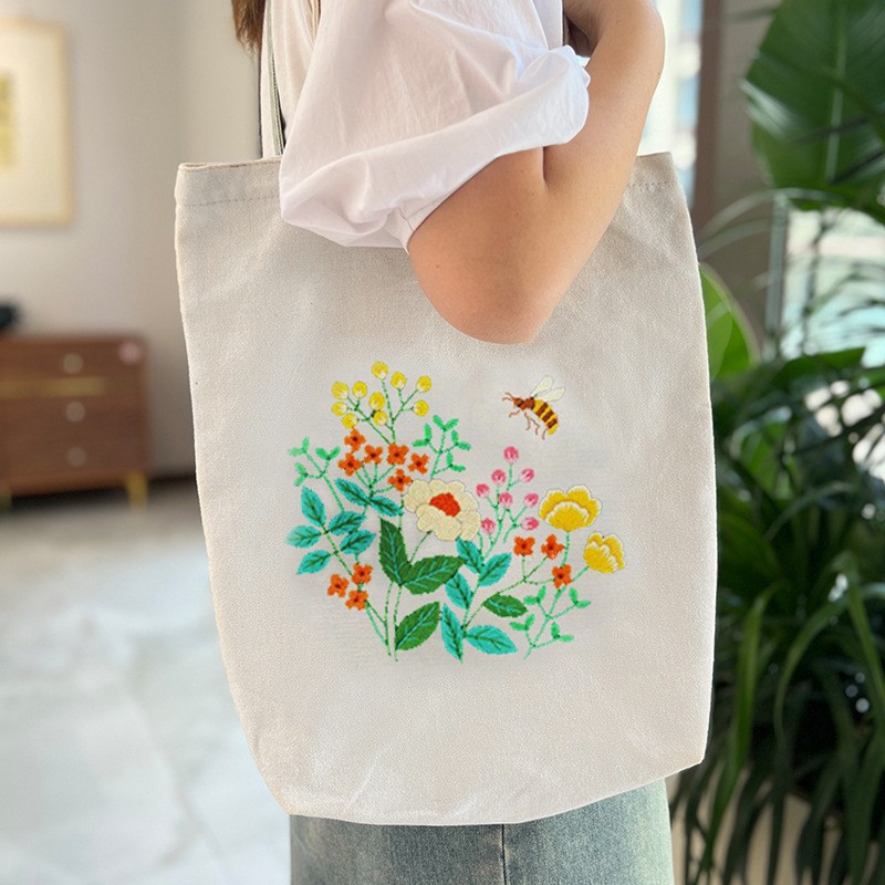 Hecho a mano DIY cinta bordada bolsa de lona Lu bordado solo hombro bolso tridimensional bordado flor lienzo mujer bolsa grande