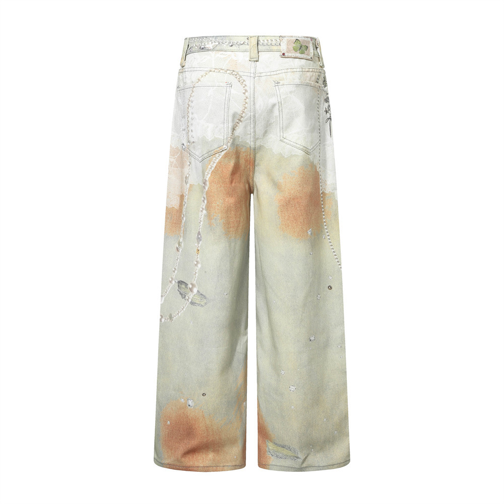 Erkek Punk Zincir 3D Dijital Baskılı Geniş Paça Kot Pantolon - Hipster Tarzı İçin Sokak Modası Eskitilmiş Yıkanmış Kot Pantolon_voghion.com