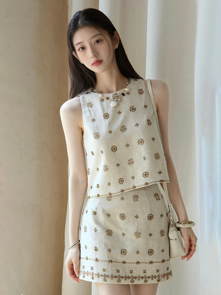 Bộ váy và áo vest không tay đính cườm phong cách Pháp sang trọng mùa hè ZX N4050 — Váy nửa, Áo ba lỗ