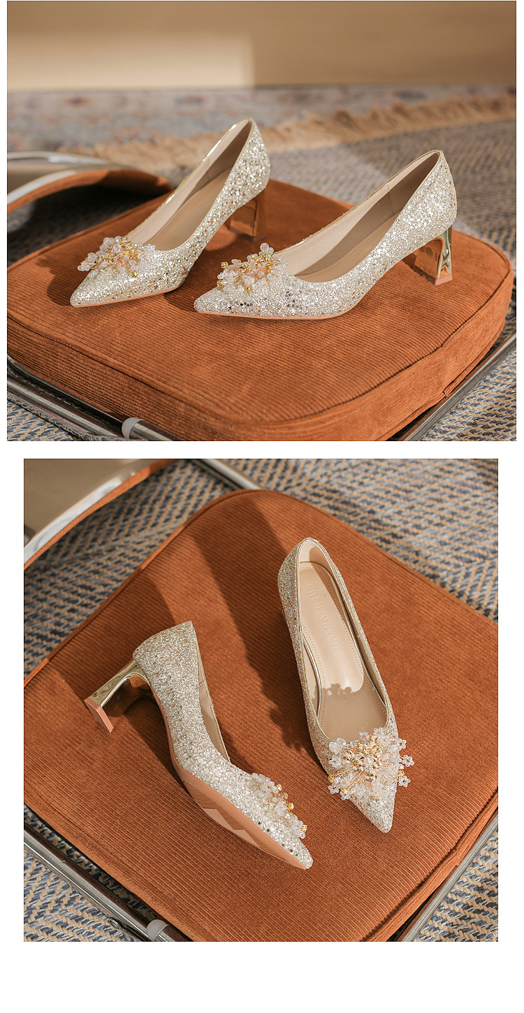Giày cưới đính sequin mũi nhọn gót vuông cao 6 cm — Màu Sâm panh chi tiết 16