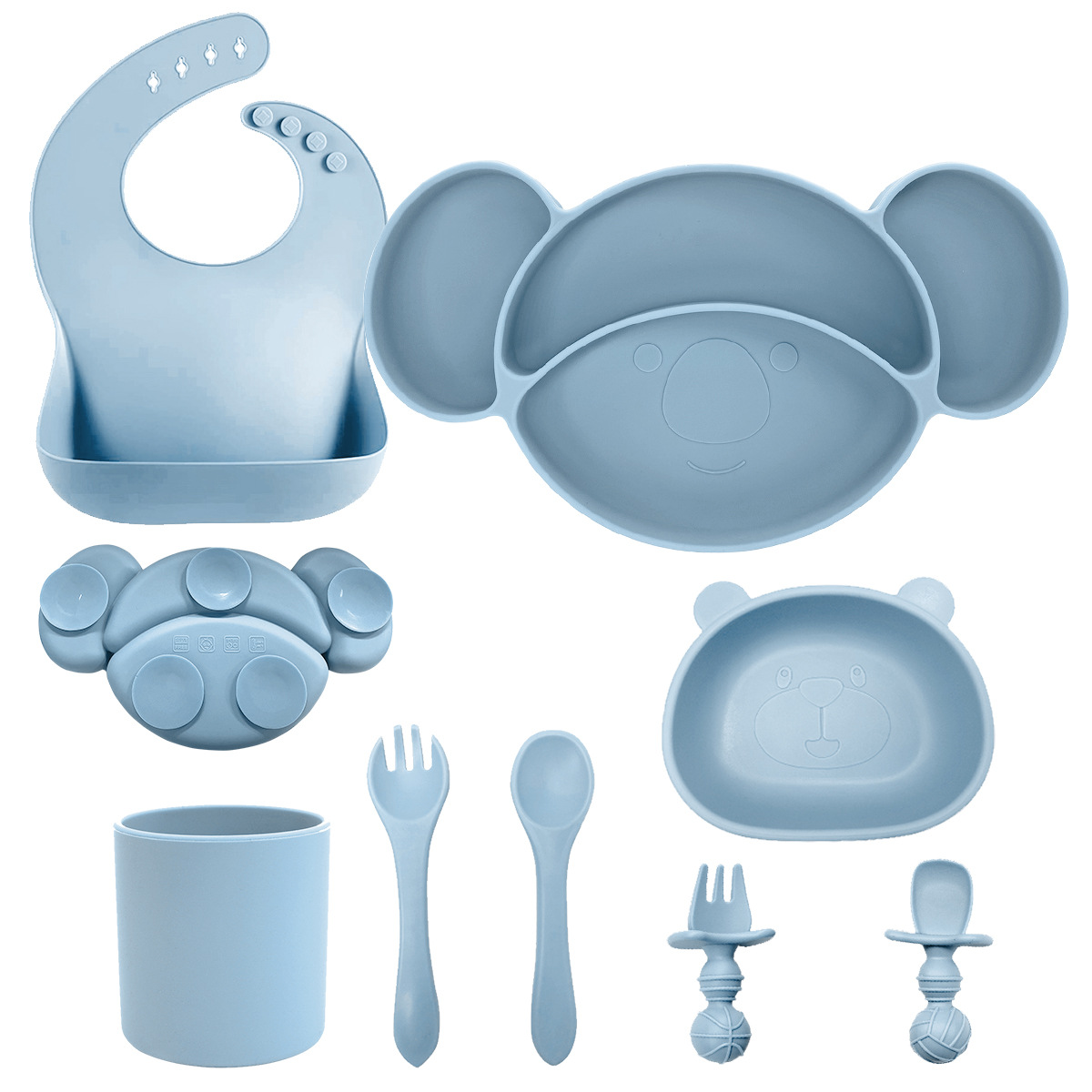 Juego de platos de silicona para la cena, tazón para comida, babero, vajilla infantil, plato de silicona para bebés, cuchara y tazón de silicona, artículos para madres y bebés