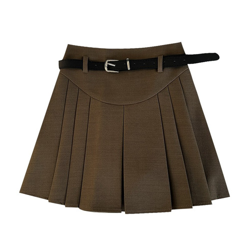 Stylish and Versatile High-Waisted Semi-Annual Skirt 2025 Summer New Arrival Korean Style Pleated Skirt with Belt Solid Color Short A-Line Skirt