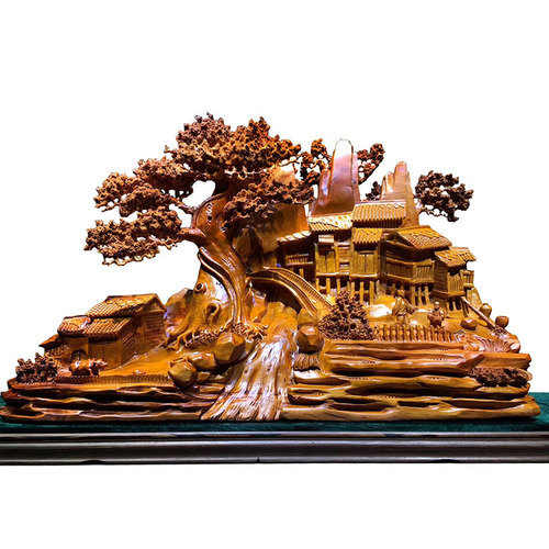 Thuja cypress, bouldering flower, ebony carving, landscape, gold wire, nan root carving, ebony ornaments, living room, Zen Buddha statue carving crafts