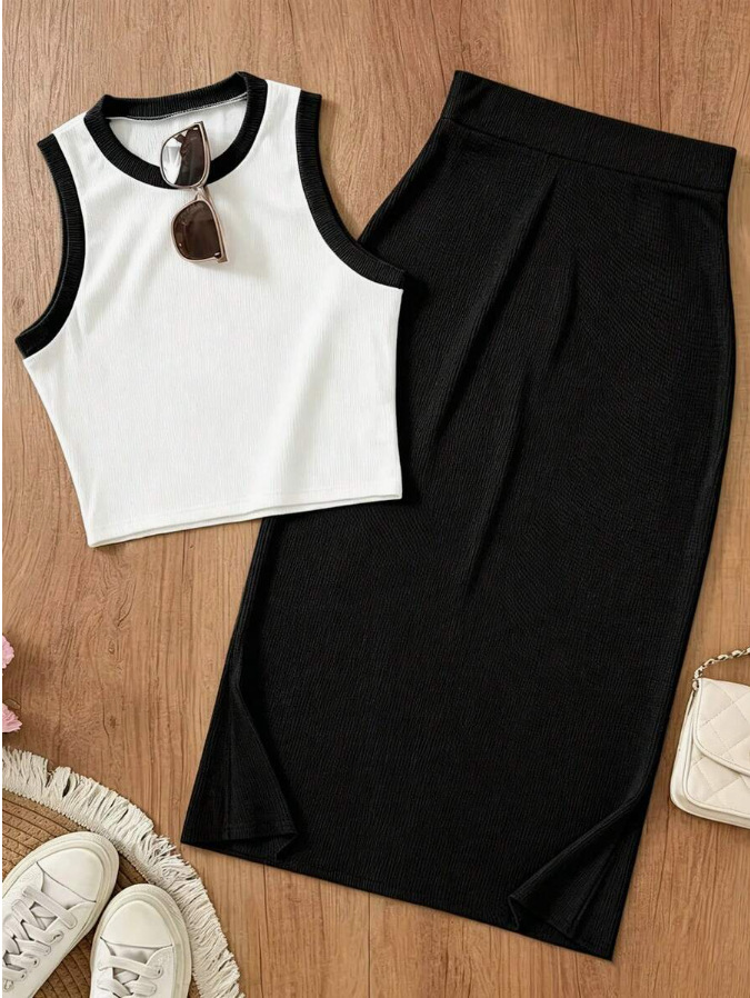 Blusa corta sin mangas de punto roscado para mujeres transfronterizas con traje de falda corta casual y elegante juego de dos piezas