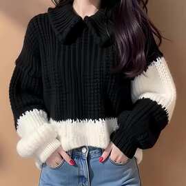 撞色polo领粗线加厚针织毛衣女2024新款秋冬热力感穿搭慵懒风上衣