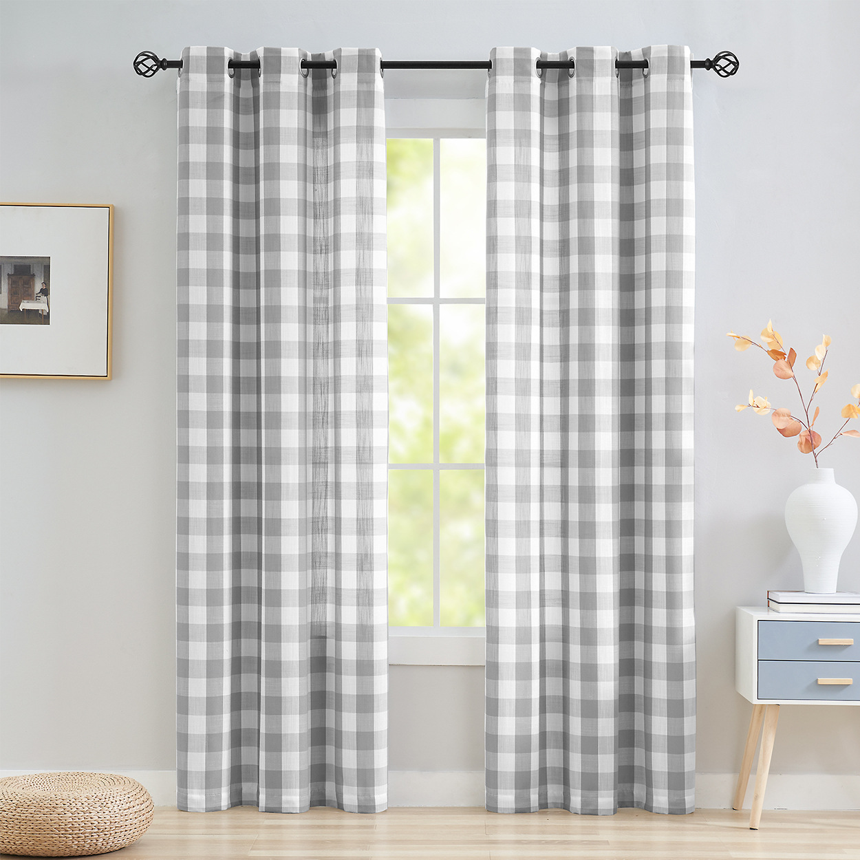 跨境窗帘窗纱灰色格子窗帘窗纱打环适用于客厅卧室田园乡村风自然