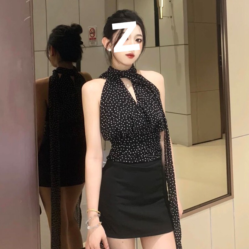 Sexy Waist Slimming Polka Dot Halterneck Ribbon Shirt Summer New Niche Sleeveless Off-Shoulder Slim Top Suit
