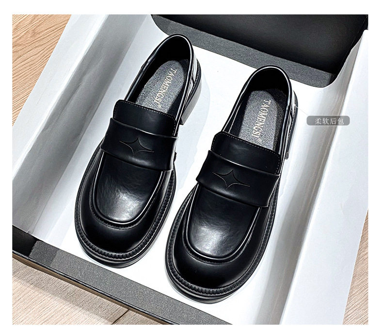 Giày lười nữ đế dày kiểu Anh cổ thấp mũi tròn gót thô 3-5 cm — Màu nâu, Màu đen chi tiết 5