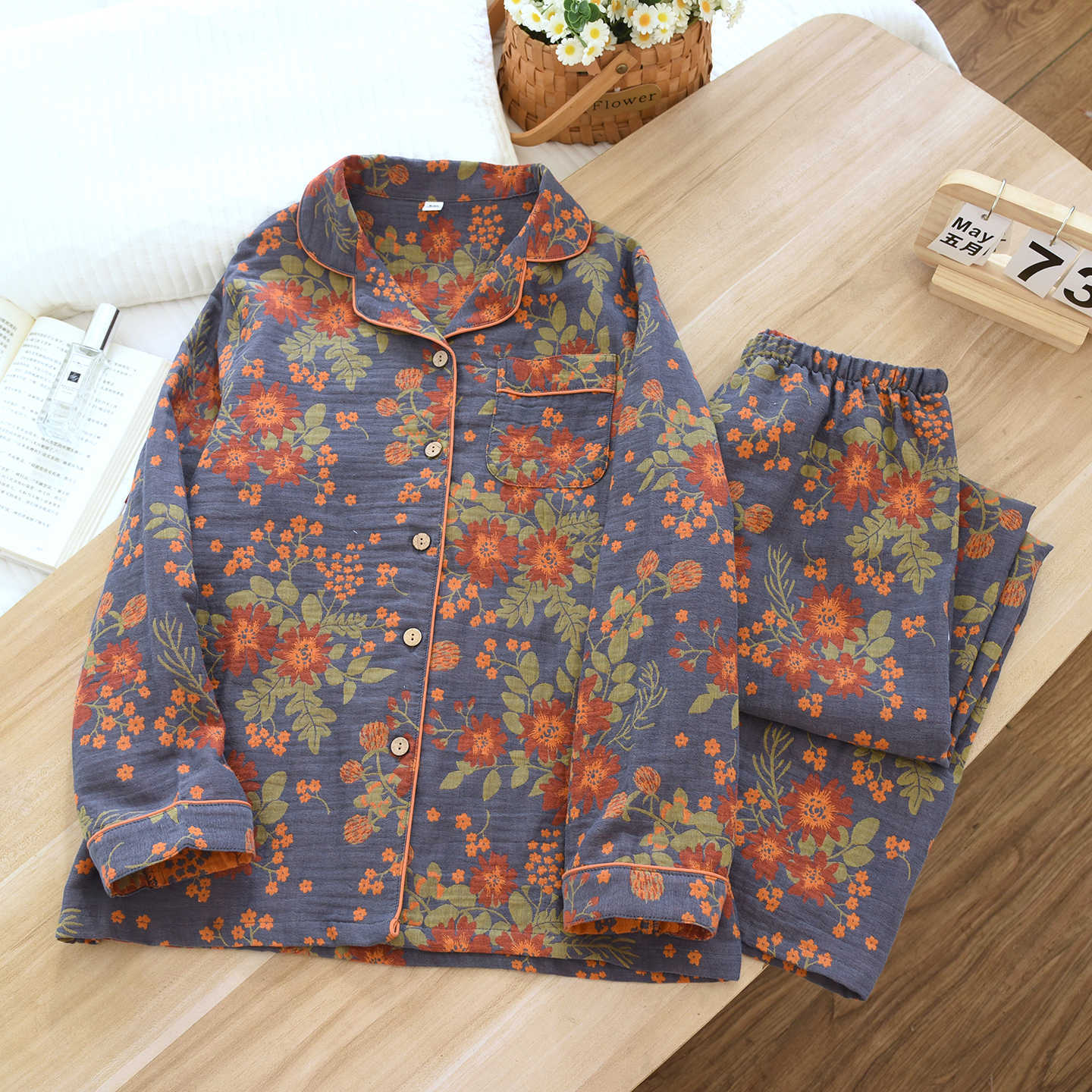 청색 바탕 오렌지 플라워 자카드 거즈 롱 세트 001