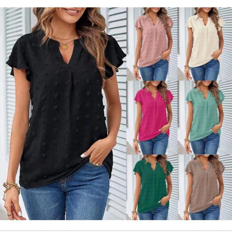 Европейская и американская внешняя торговля трансграничная женская одежда 2023 Amazon летняя новая шифоновая рубашка с V-образным вырезом и оборками, футболка с короткими рукавами, Топ
