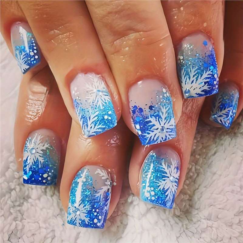Christmas Short European Square Nail Pieces Blue Series Snowflake Rhinestone Glitter Pattern Embellishment Wearable Nails Wholesale