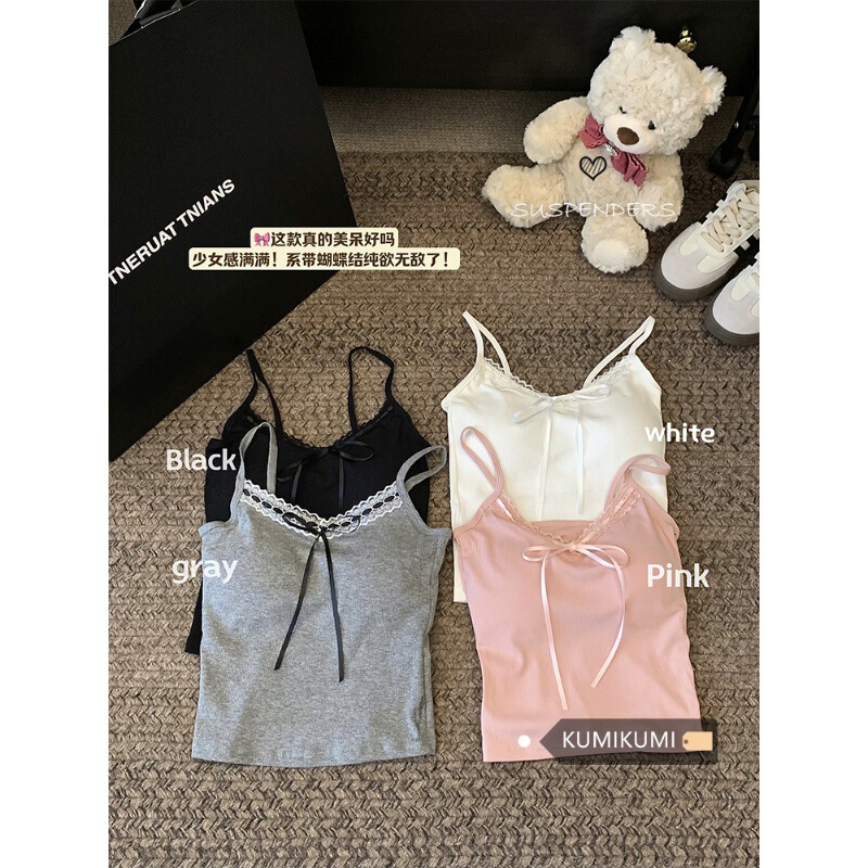 Pure Desire Lace Strapless Vest Women's Summer Sweet Spice Girl Bow Slim-fit Small Strap Short Beautiful Back Top Pure Desire Lace Strapless Vest Women's Summer Sweet Spice Girl Bow Slim-fit Small Strap Short Beautiful Back Top