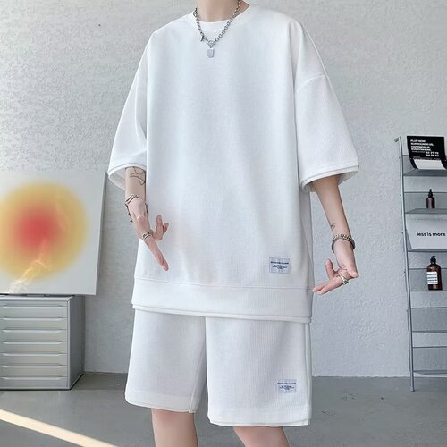Summer quick-drying short-sleeved T-shirt casual suit men's waffle fake two-piece loose men's basketball sports suit