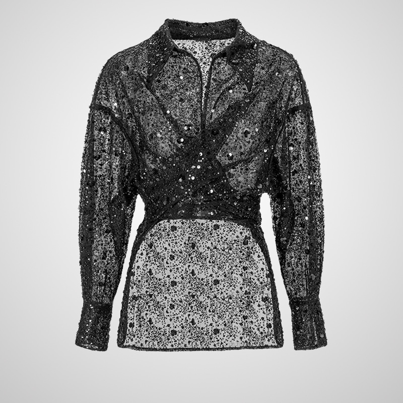Celebrity-Inspired Niche Streetwear Heavy Beaded Sequin Short-Front Long-Back Shirt, Light Luxury Slimming Slightly Sheer Lace Blouse