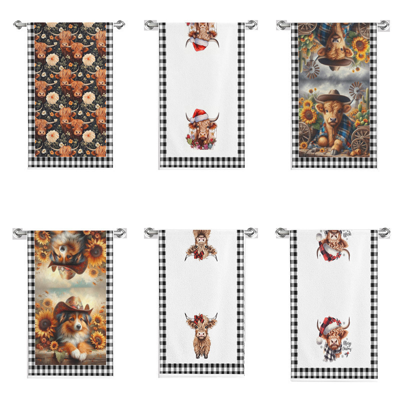 Cross-Border Dropshipping with Label Options: Plaid Christmas Kitchen Dish Towels, Farmhouse Cow Pattern Table Decoration Towels Wholesale
