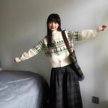 圣诞费尔岛牛角扣毛衣外套女秋冬北欧复古温柔风针织开衫别致上衣