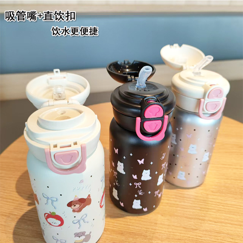 Inventario al por mayor encantador doble bebida taza de agua para niños taza de acero inoxidable rebote portátil taza de regalo de paja de alto valor facial