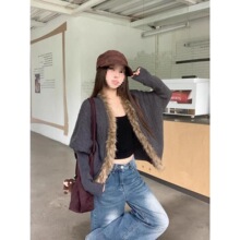 松弛慵懒针织毛衣开衫女秋季2026新款长袖宽松短款毛领披肩上衣潮