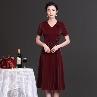 Comfortable Fashion Pearlescent Silk Embroidered V-Neck dress Tight Waist Slimming Wedding Mother's Wedding Dress Middle-aged and Elderly Women's Clothing