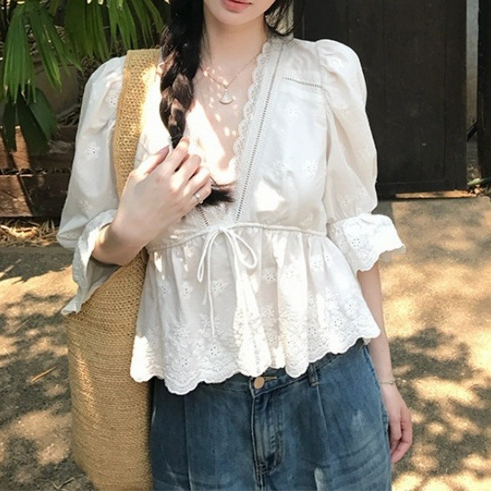 Summer New Style Waist-Cinching Lace Bell-Sleeve V-Neck Mid-Sleeve Shirt Top