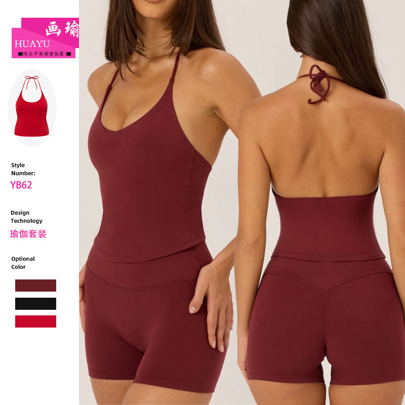 Europa y América trajes de yoga transfronterizos para mujeres cuello colgante con cojín de pecho chaleco deportivo de alta elasticidad de alta velocidad de elevación de cadera seco pantalones de gimnasio