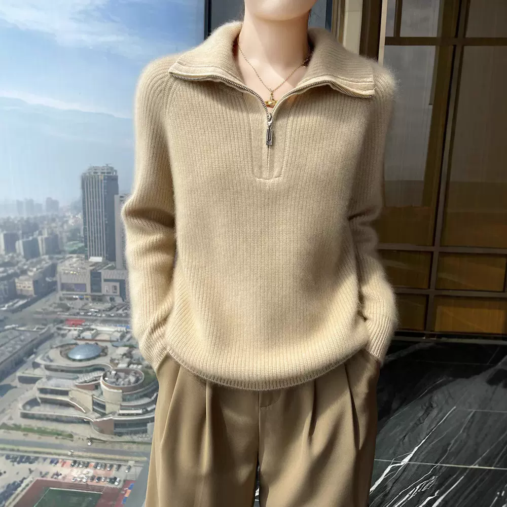 山羊绒新款秋冬女宽松慵懒长袖羊毛衫打底半开领拉链加厚针织毛衣